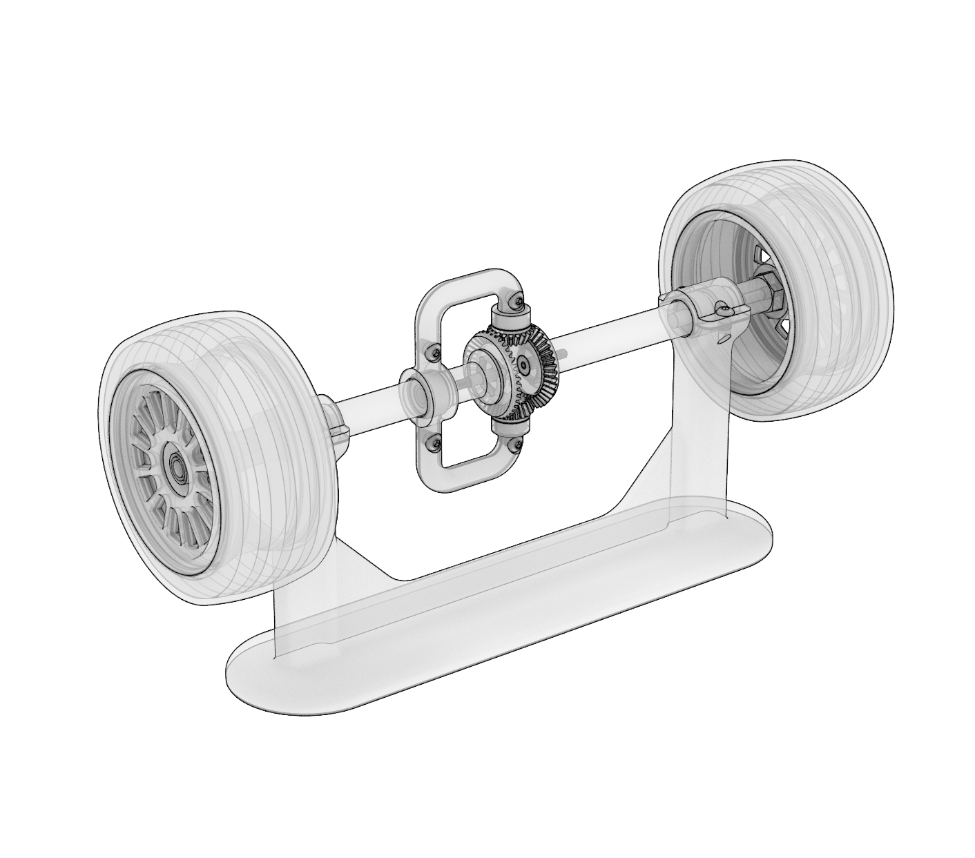 3D printed working differential model on its display stand with both wheels mounted