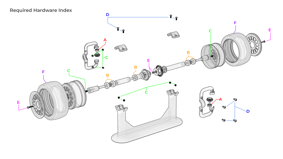 Differential build guide required hardware index: exploded view of the housing, axle shafts, wheels, bearings, and screws