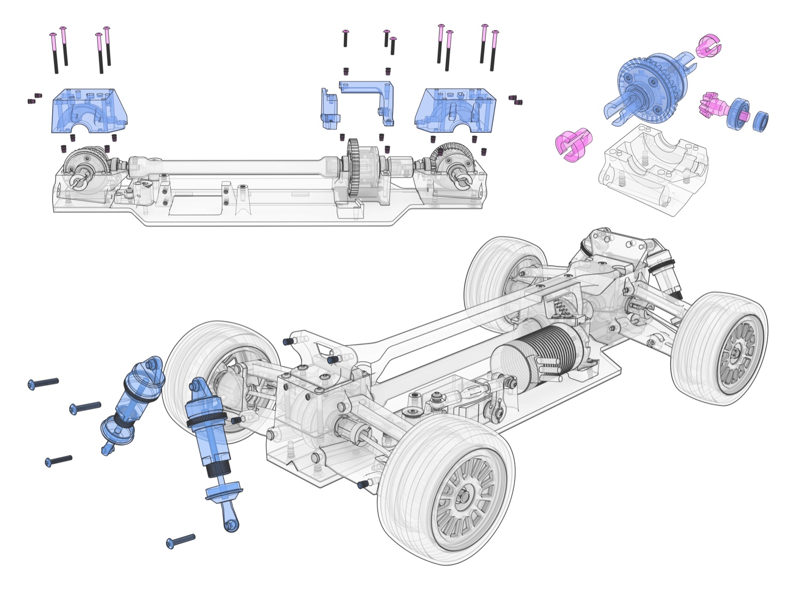 WR1 V2 assembly render with the differentials, shocks, and fasteners exploded out