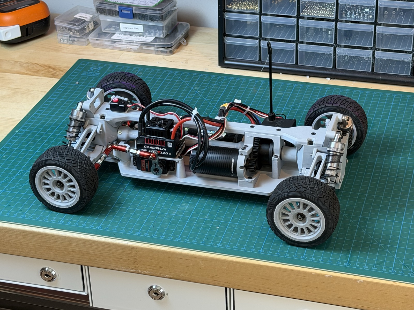 Assembled WR1 V2 3D printed RC rally chassis with electronics installed