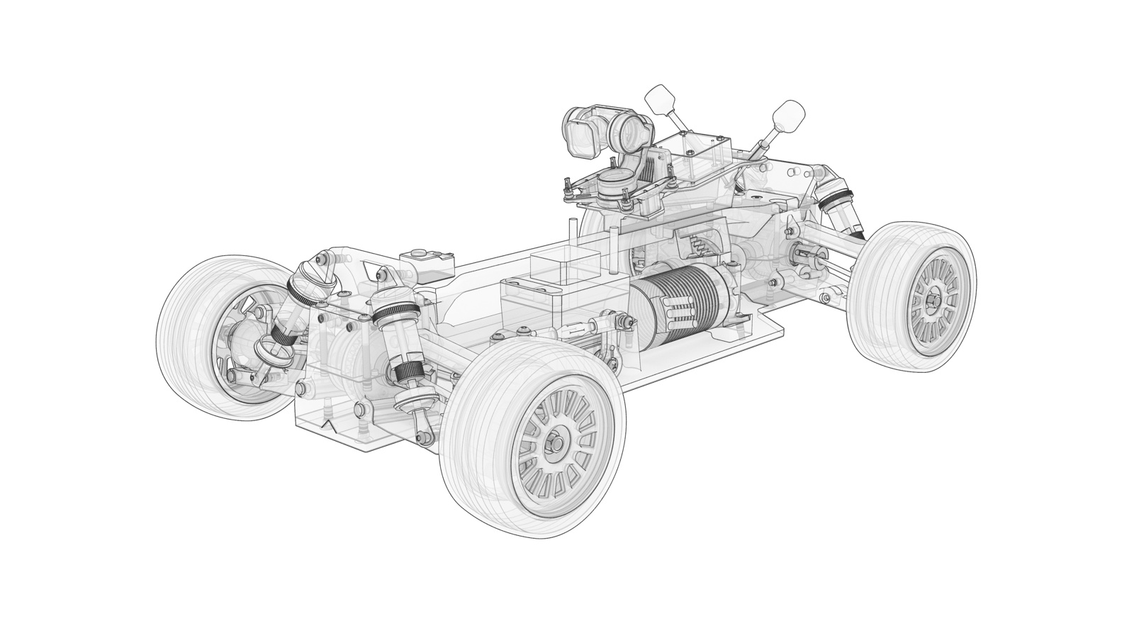 WR1 V2 3D printable AWD RC rally chassis render