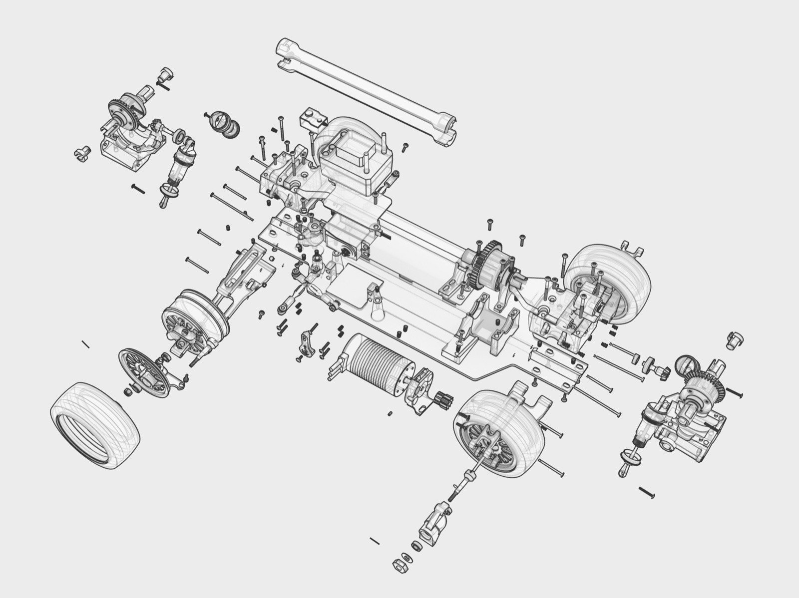Exploded view of every part in the WR1 V2 3D printed RC chassis